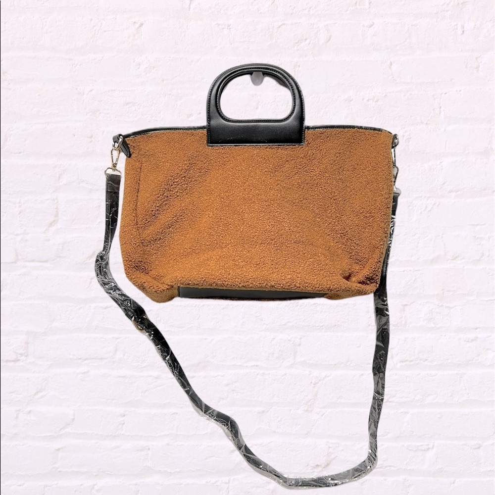 Brown faux lamb wool texture tote crossbody bag ML